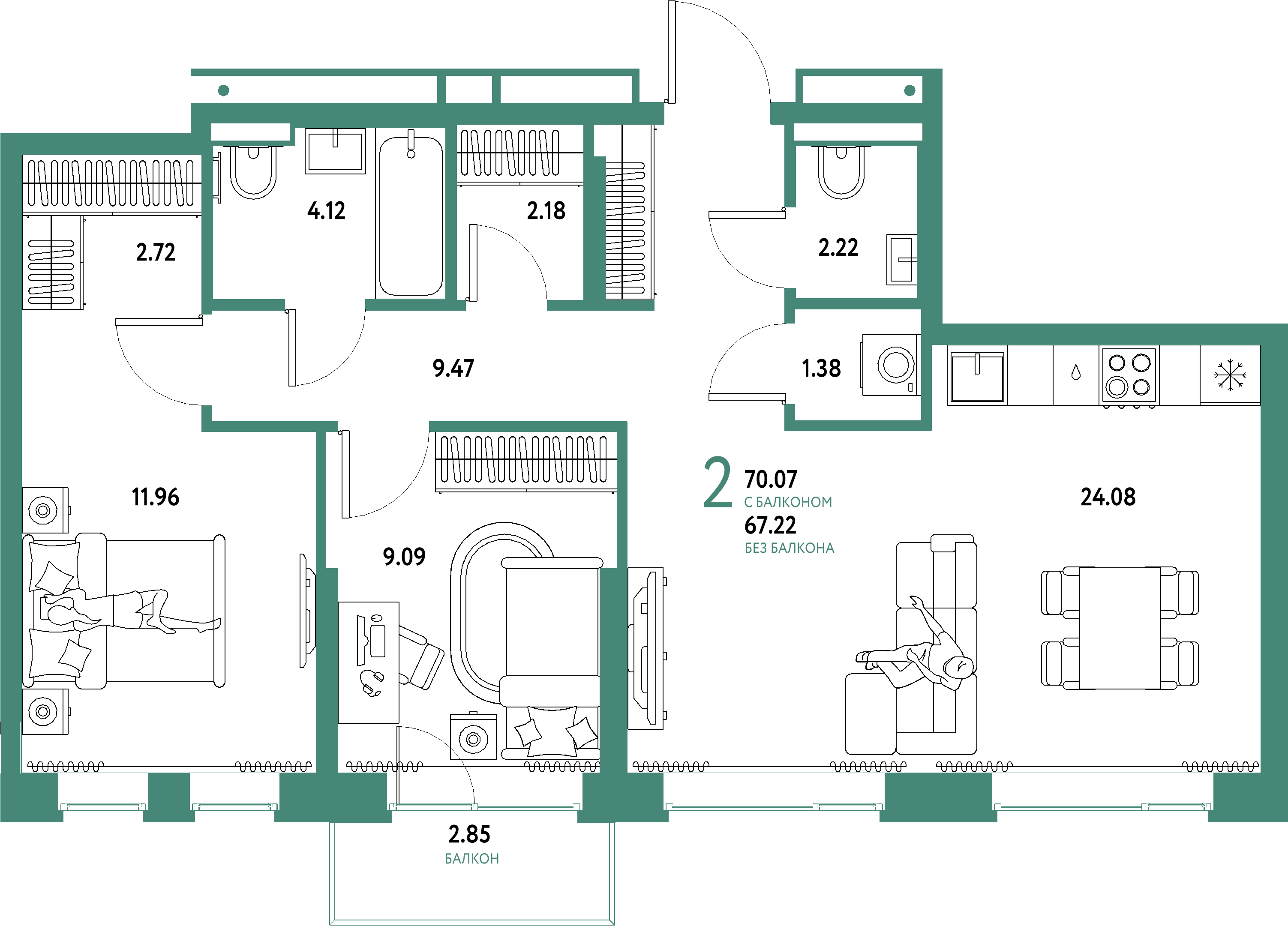 Планировка: Евротрёшка 70,07 м² в ЖК «Домашний»