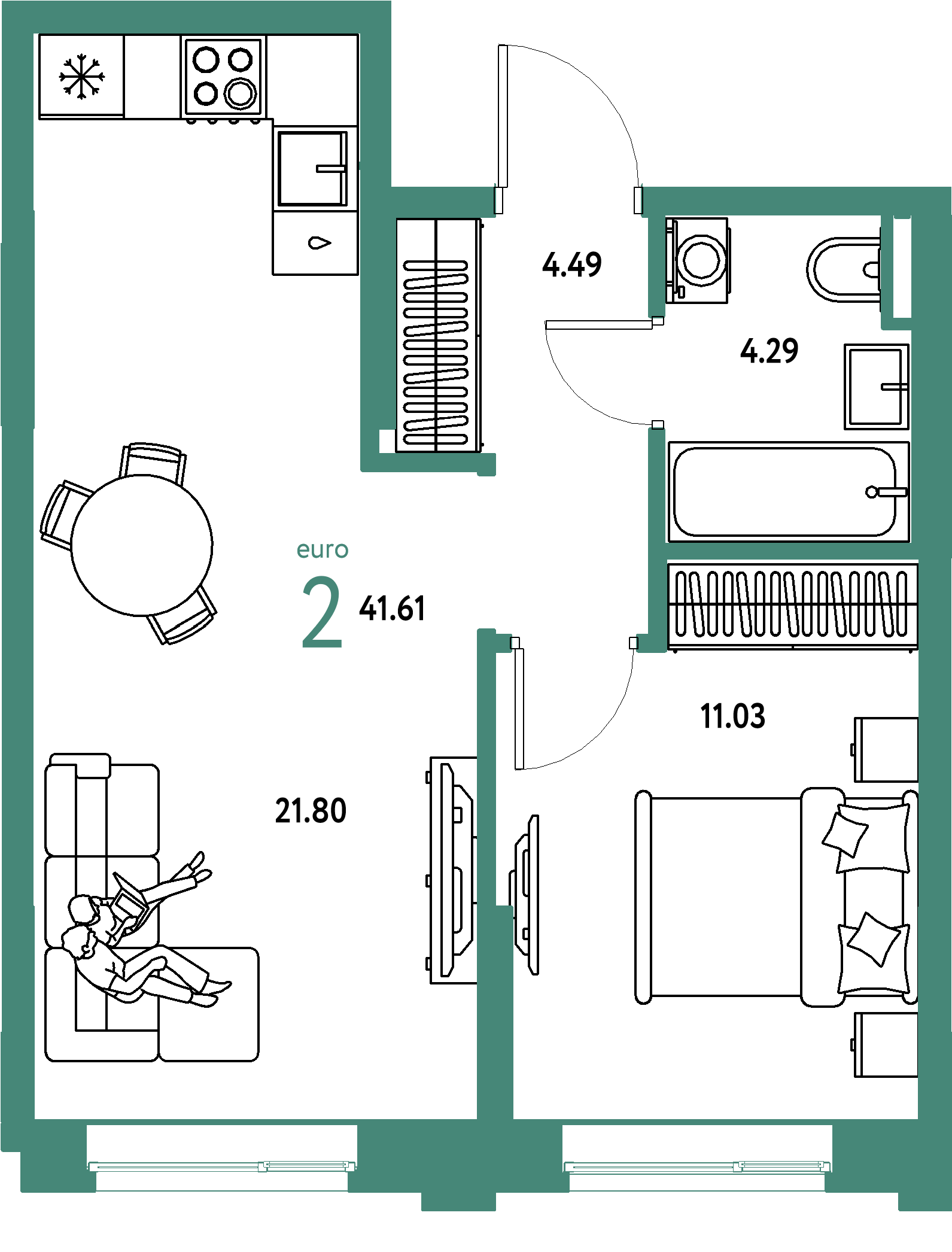Планировка: Евродвушка 41,61 м² в ЖК «Остров-сад»