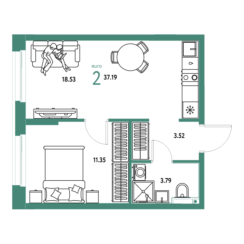 Планировка: Евродвушка 37,19 м²