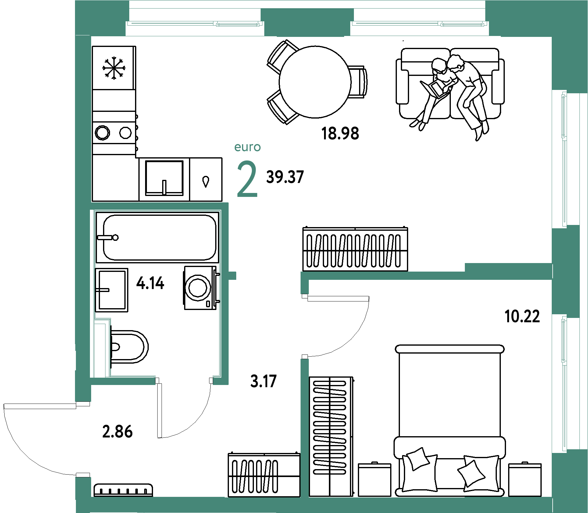 Планировка: Евродвушка 39,37 м² в ЖК «Домашний»