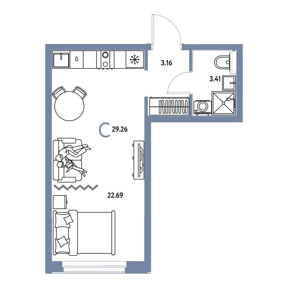 Планировка: Студия 29,26 м²