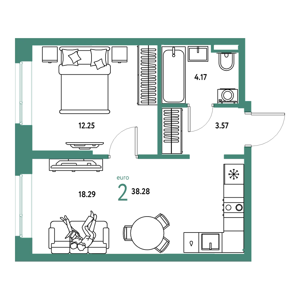 Планировка: Евродвушка 38,28 м²