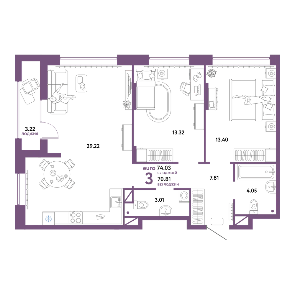 Планировка: Евротрёшка 74,03 м²