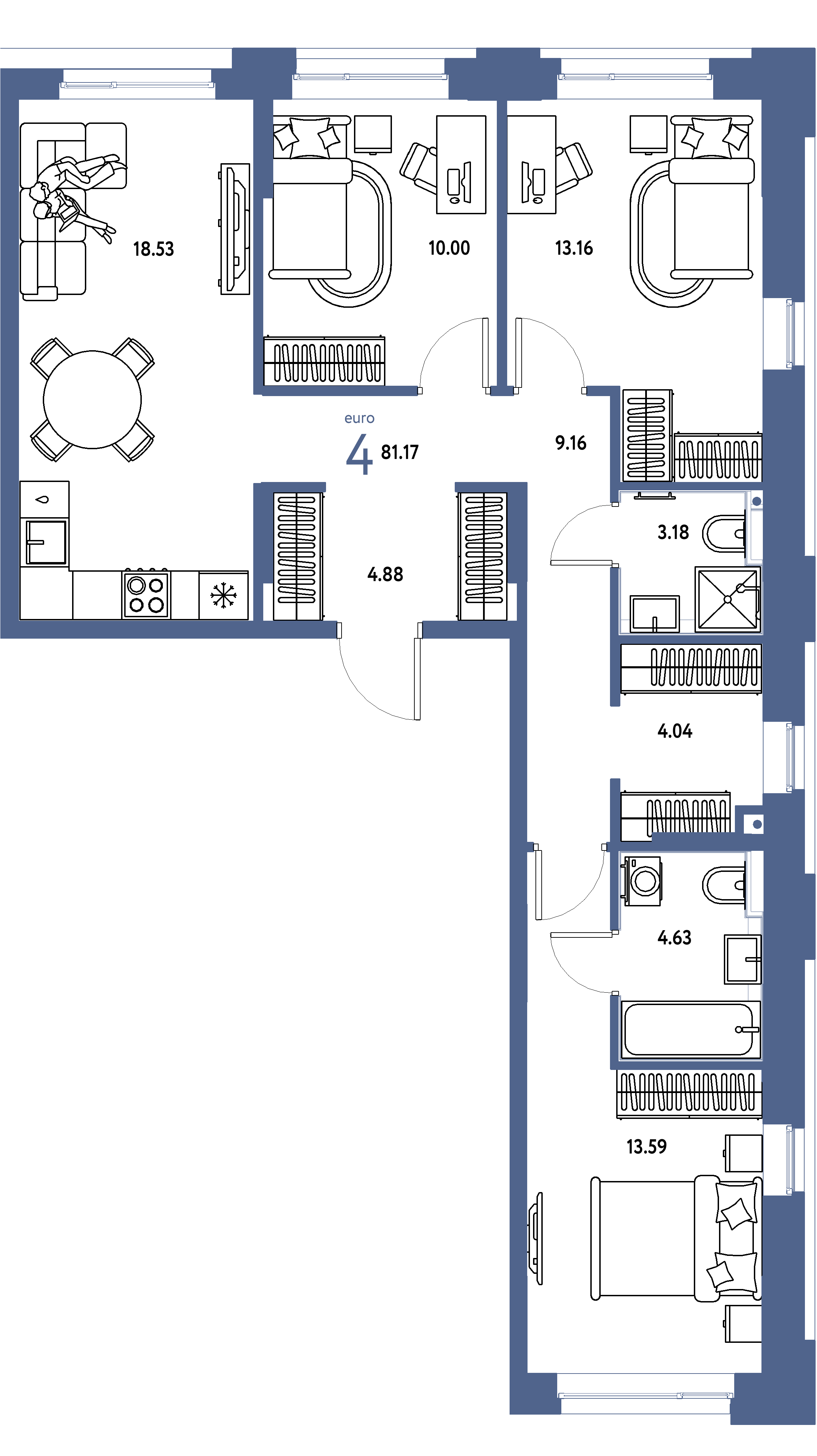 Планировка: Евро-4 81,17 м² в ЖК «Сердце Сибири»