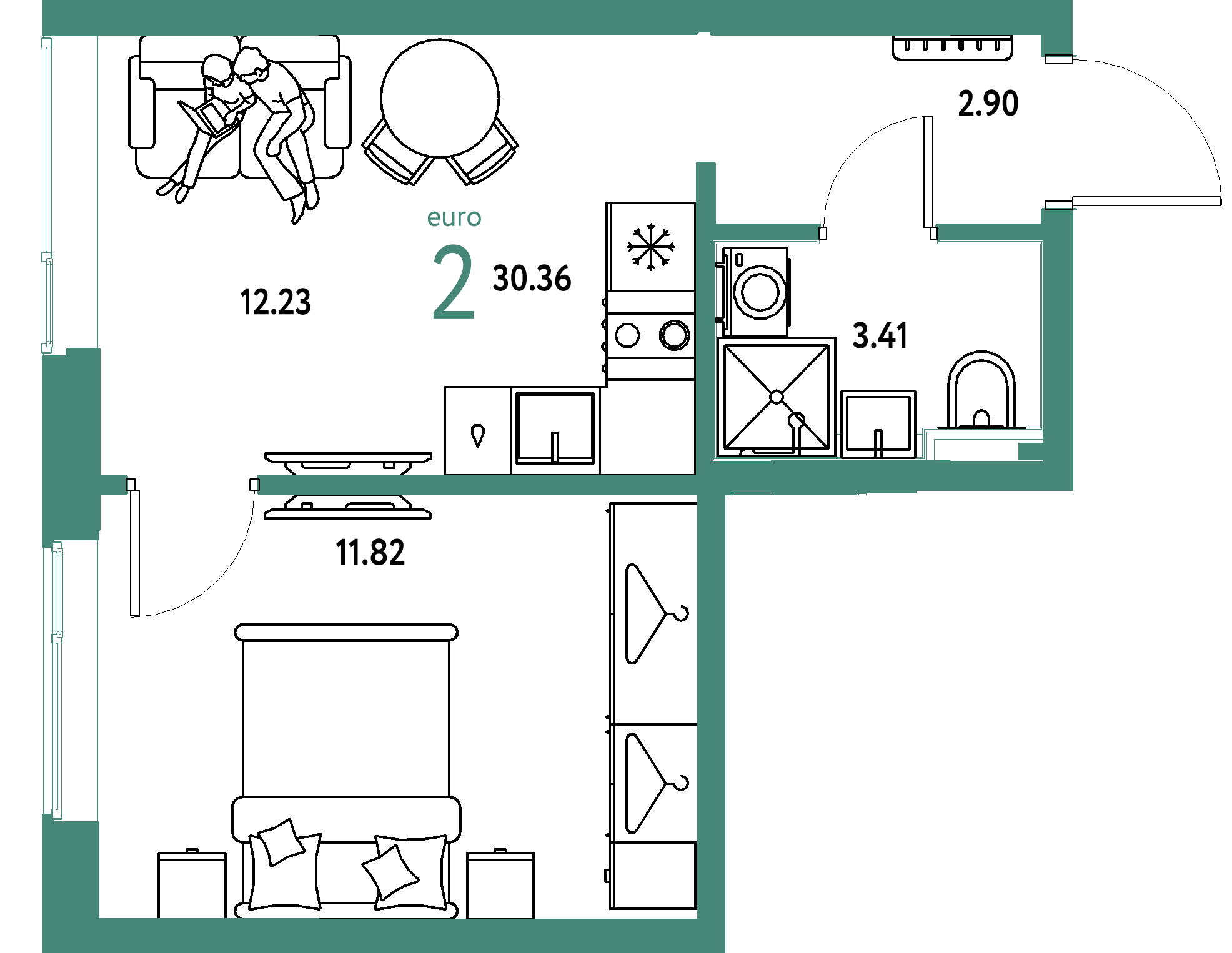 Планировка: Евродвушка 30,36 м² в ЖК «Страна.Прибрежная»