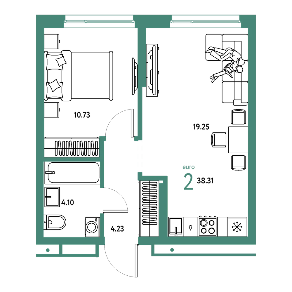 Планировка: Евродвушка 38,31 м²
