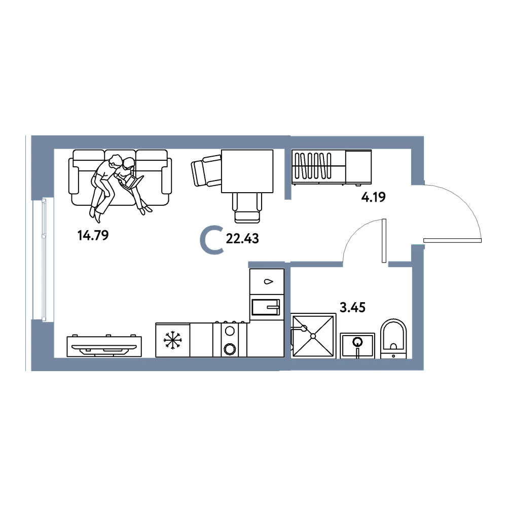 Планировка: Студия 22,43 м²