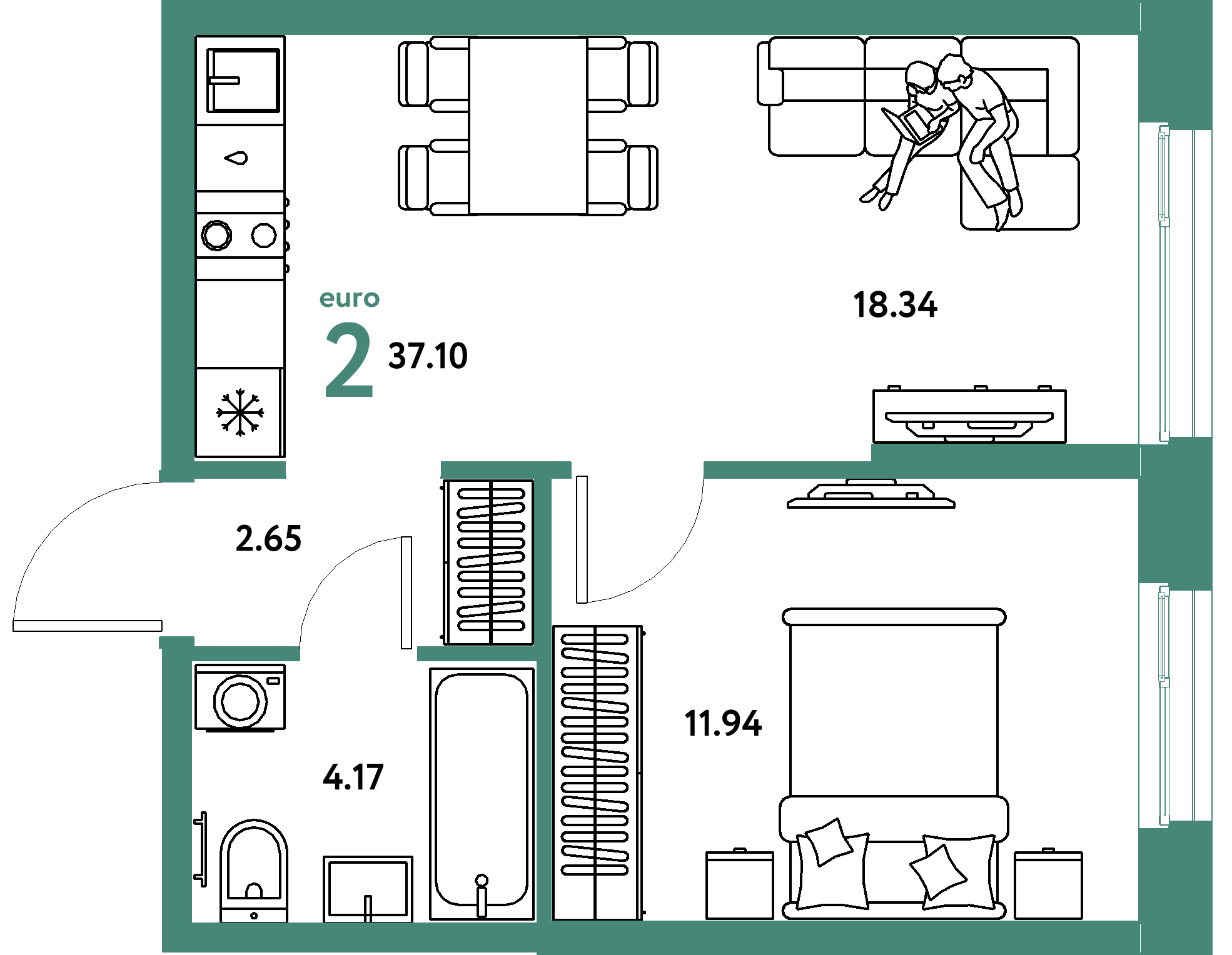 Планировка: Евродвушка 37,1 м² в ЖК «Европейский берег 2.0»