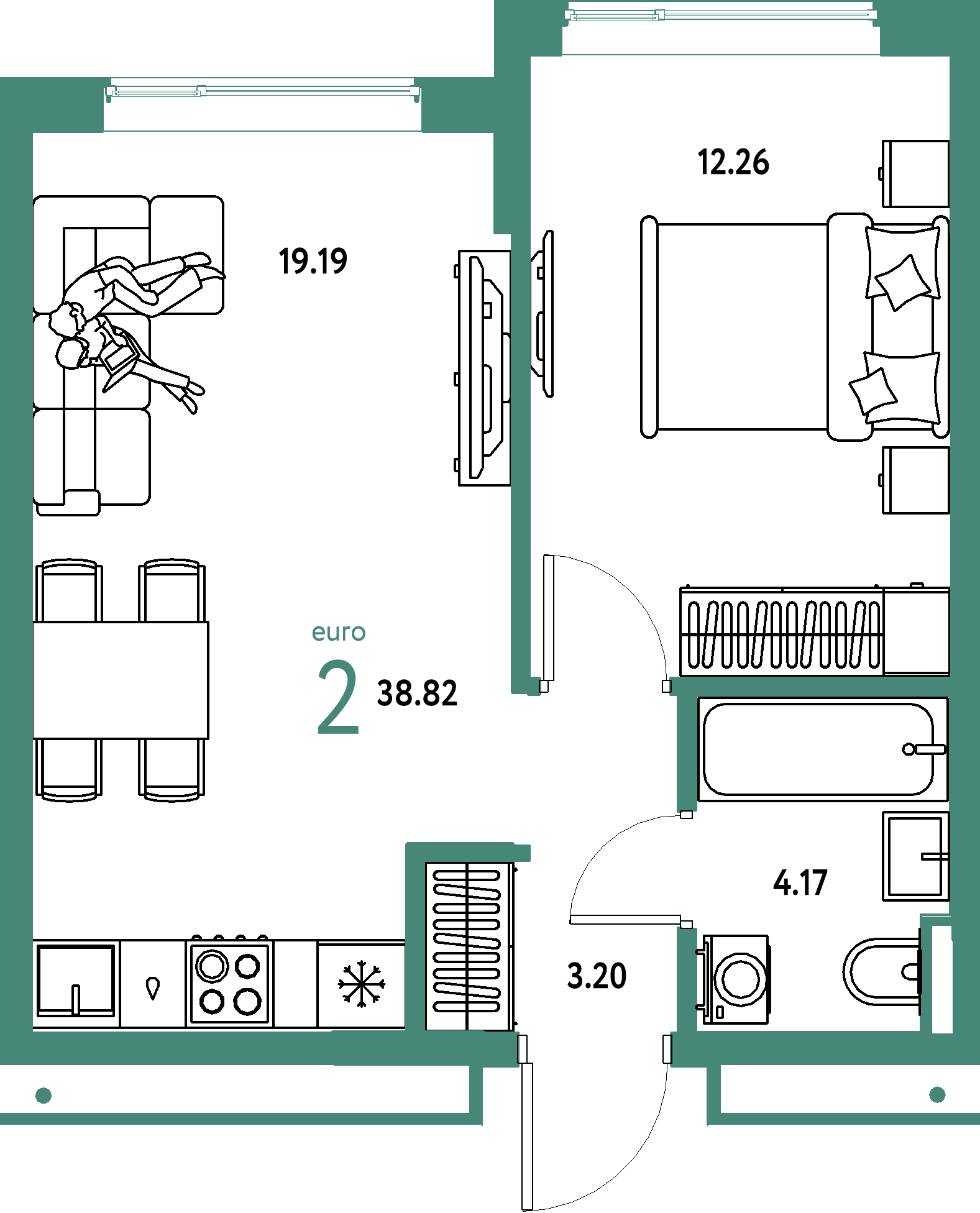 Планировка: Евродвушка 38,82 м² в ЖК «Страна.Прибрежная»