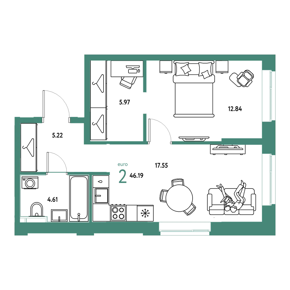 Планировка: Евродвушка 46,19 м²