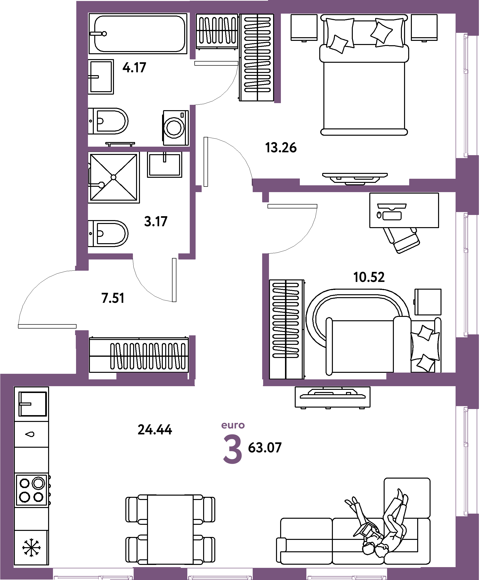 Планировка: Евротрёшка 63,07 м² в ЖК «Европейский берег 2.0»
