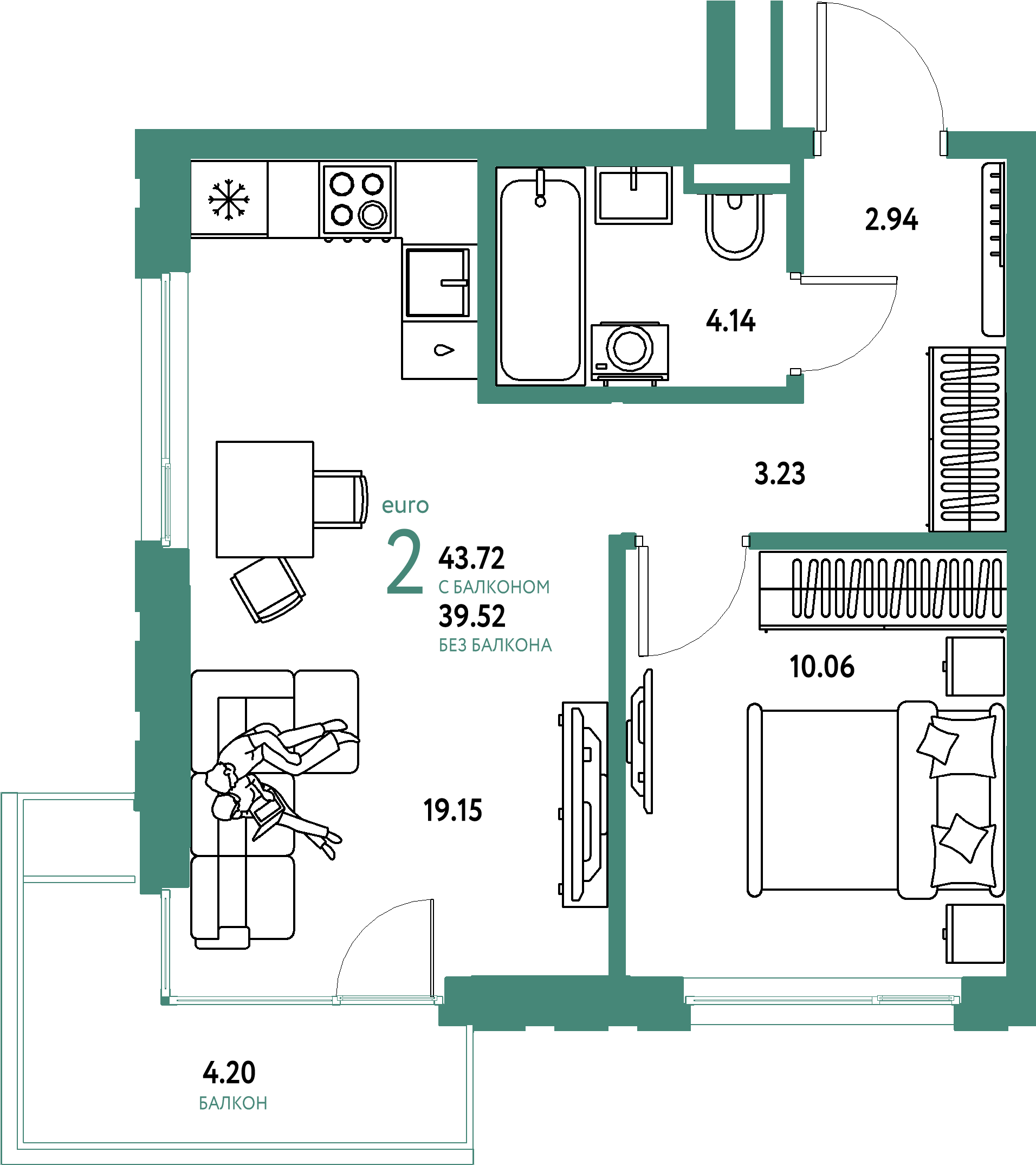 Планировка: Евродвушка 43,72 м² в ЖК «Страна.Прибрежная»