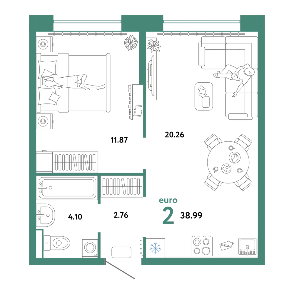 Планировка: Евродвушка 38,99 м²