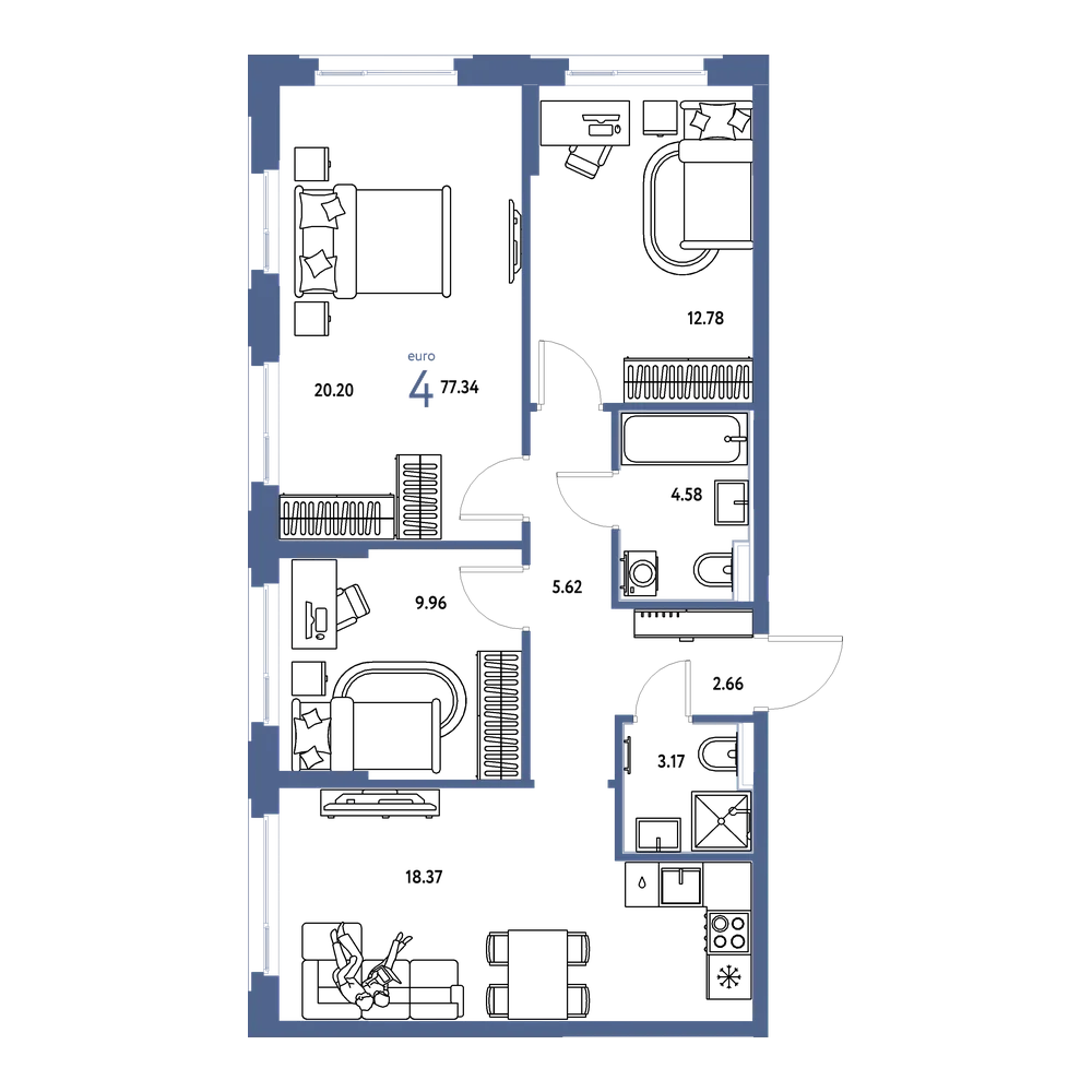 Планировка: Евро-4 77,34 м²