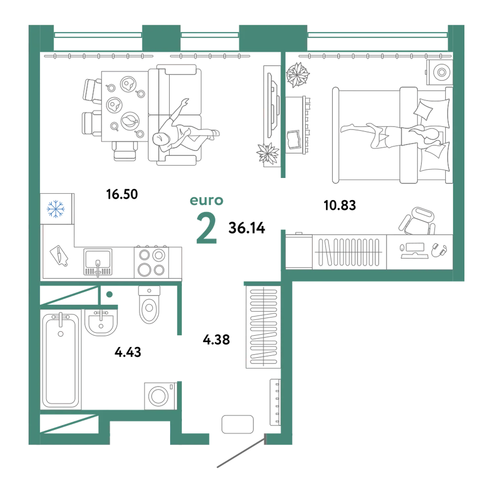 Планировка: Евродвушка 36,14 м²