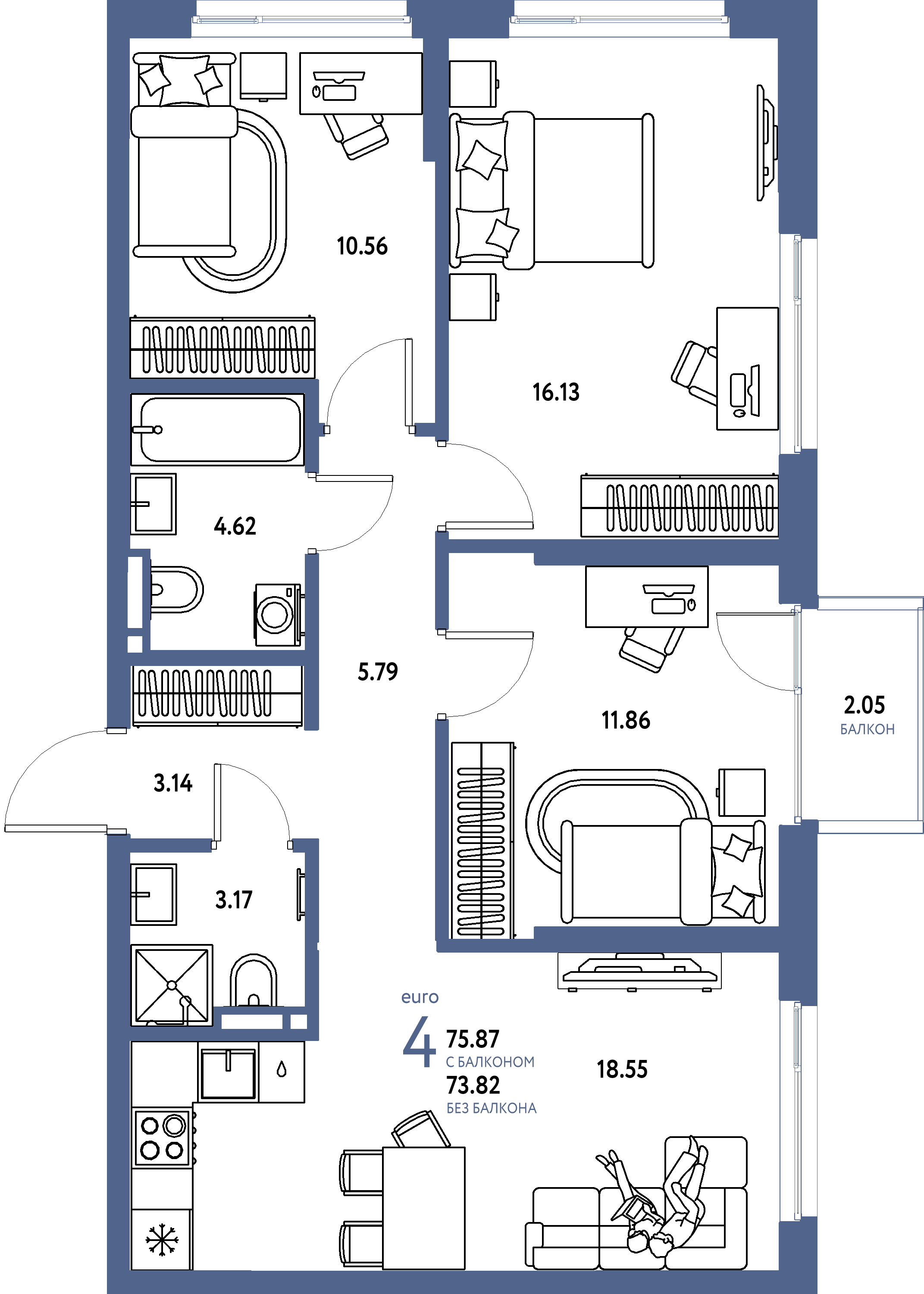 Планировка: Евро-4 75,87 м² в ЖК «Страна.Прибрежная»