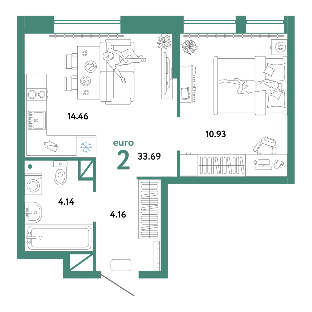 Планировка: Евродвушка 33,69 м²