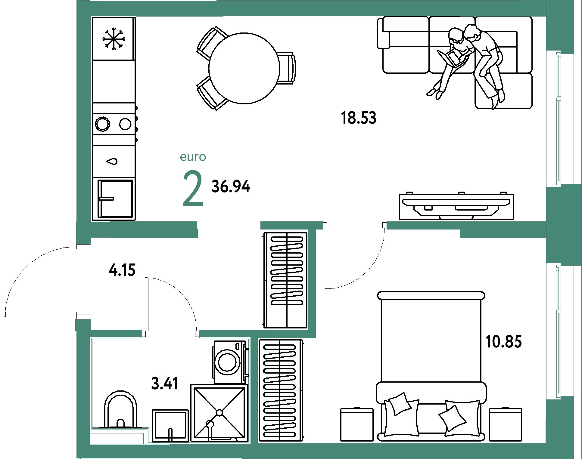 Планировка: Евродвушка 36,94 м² в ЖК «Домашний»