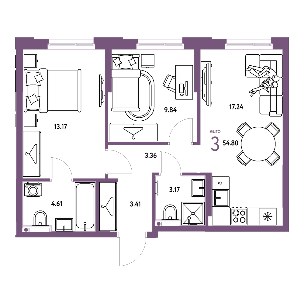 Планировка: Евротрёшка 54,8 м²