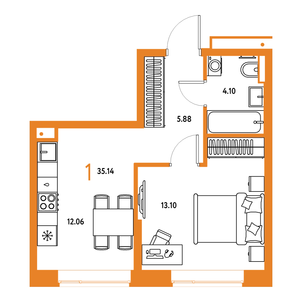 Планировка: 1-комнатная 35,14 м²