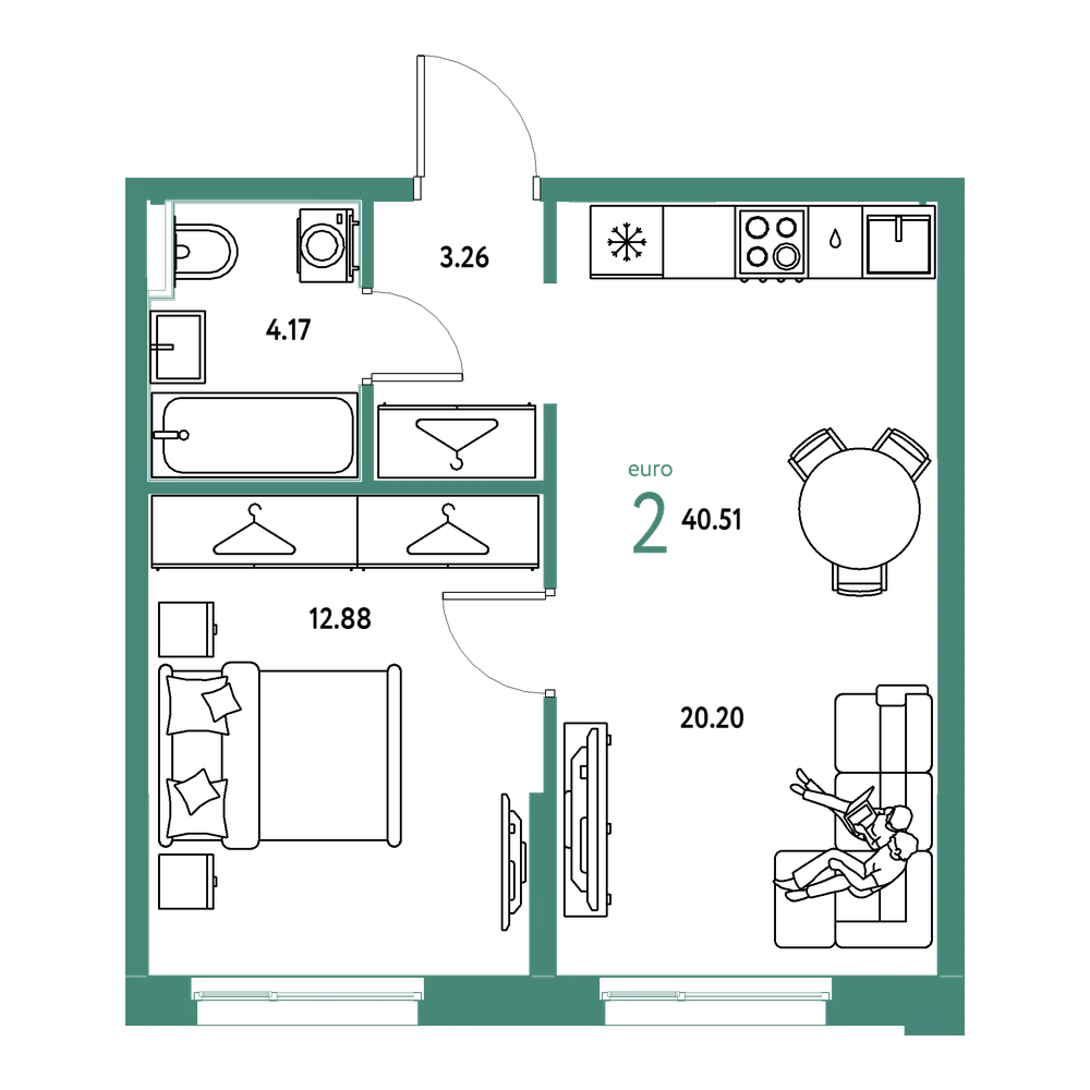 Планировка: Евродвушка 40,51 м²