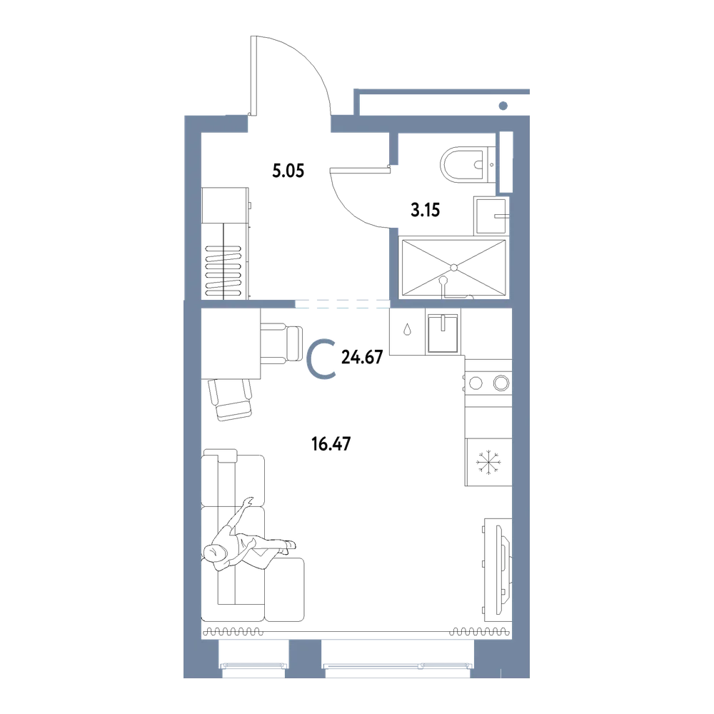 Планировка: Студия 24,67 м²
