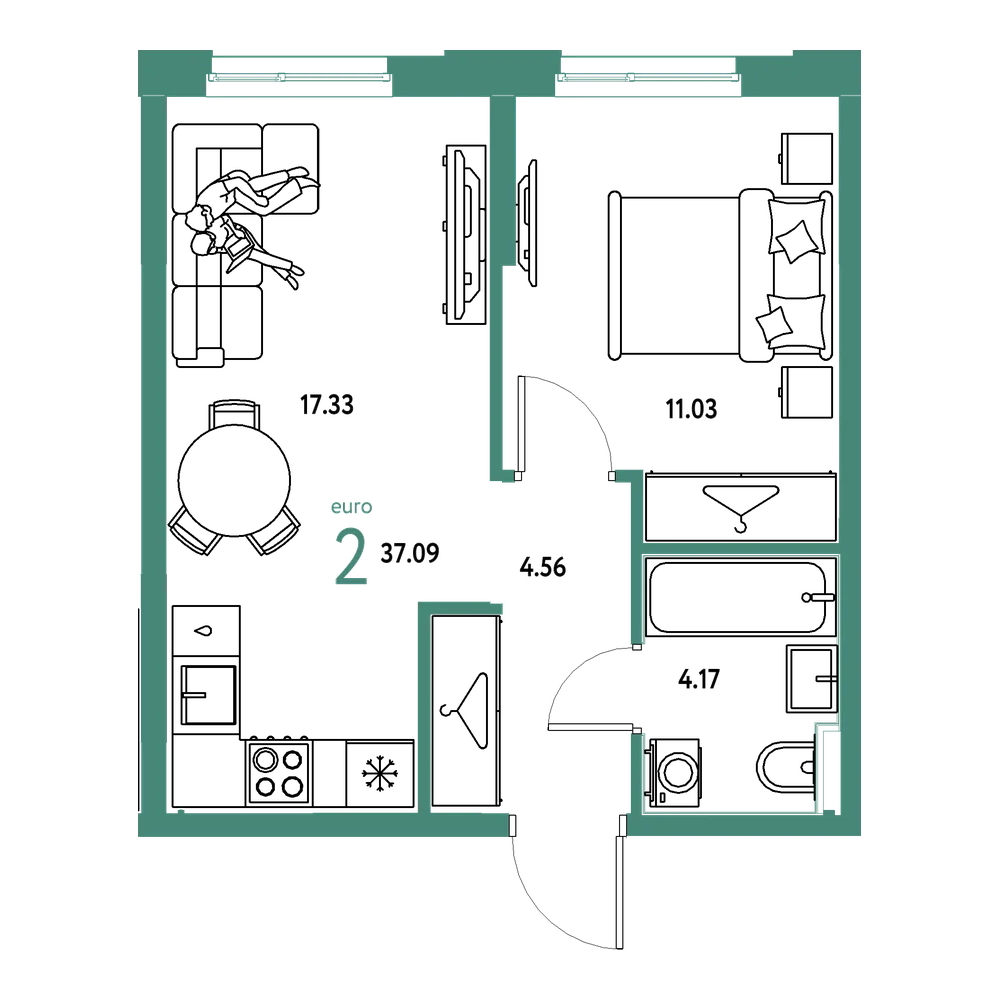 Планировка: Евродвушка 37,09 м²