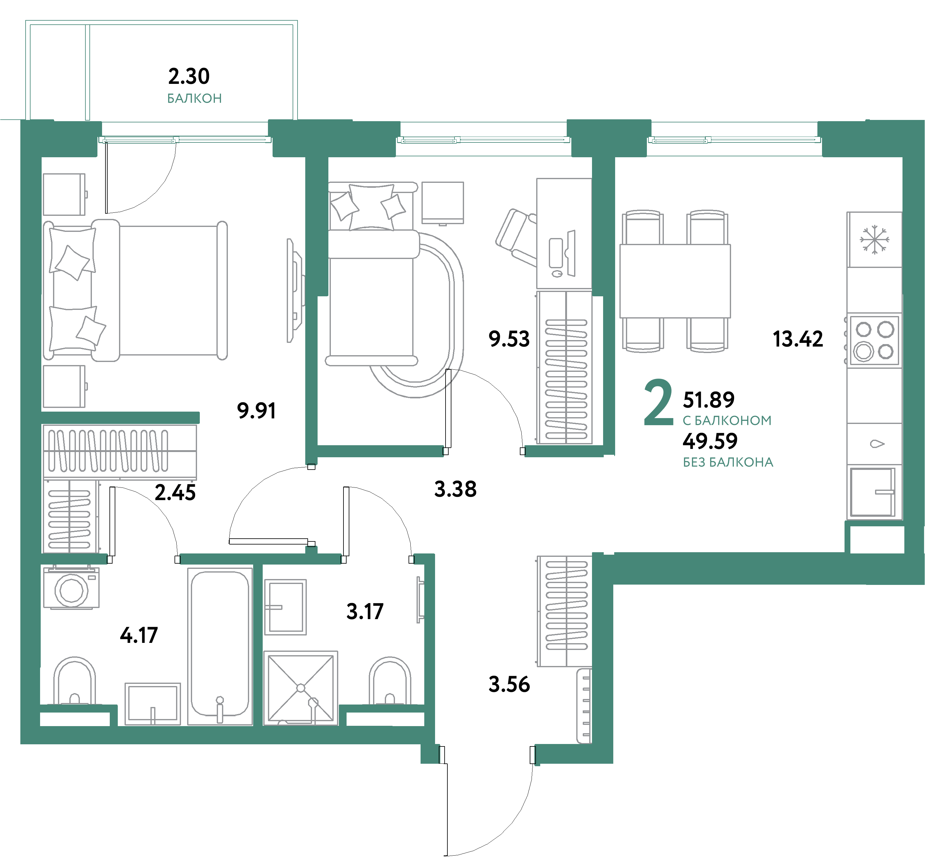 Планировка: 2-комнатная 51,89 м² в ЖК «Остров-сад»