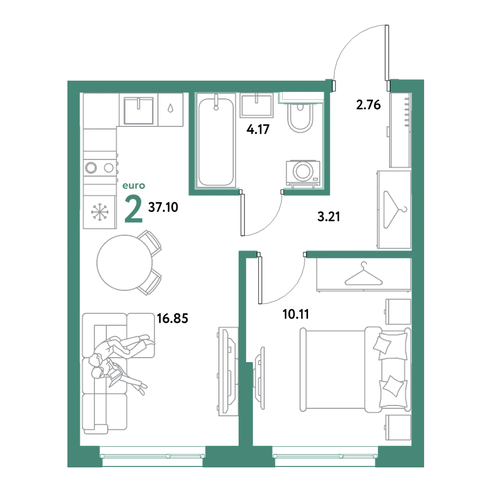 Планировка: Евродвушка 37,1 м²