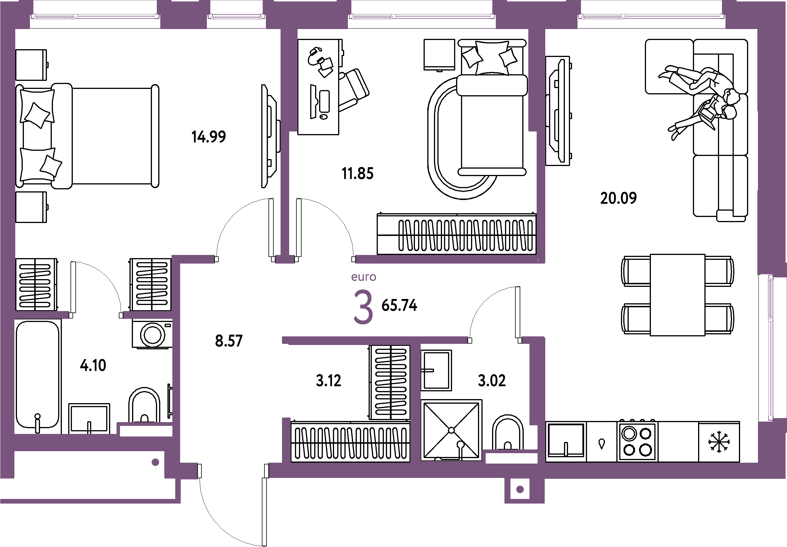Планировка: Евротрёшка 65,74 м² в ЖК «Авторский»