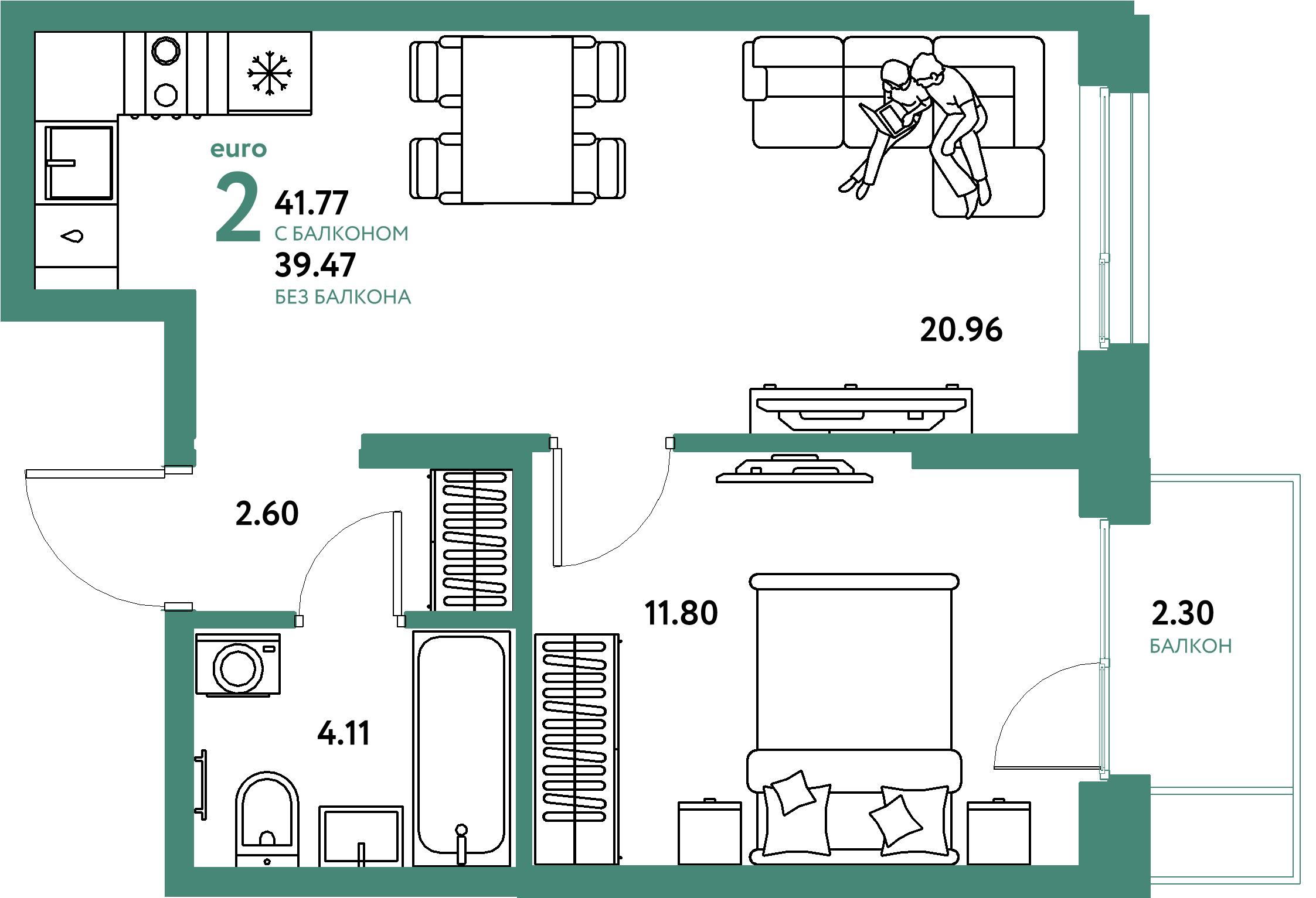 Планировка: Евродвушка 41,77 м² в ЖК «Европейский берег 2.0»