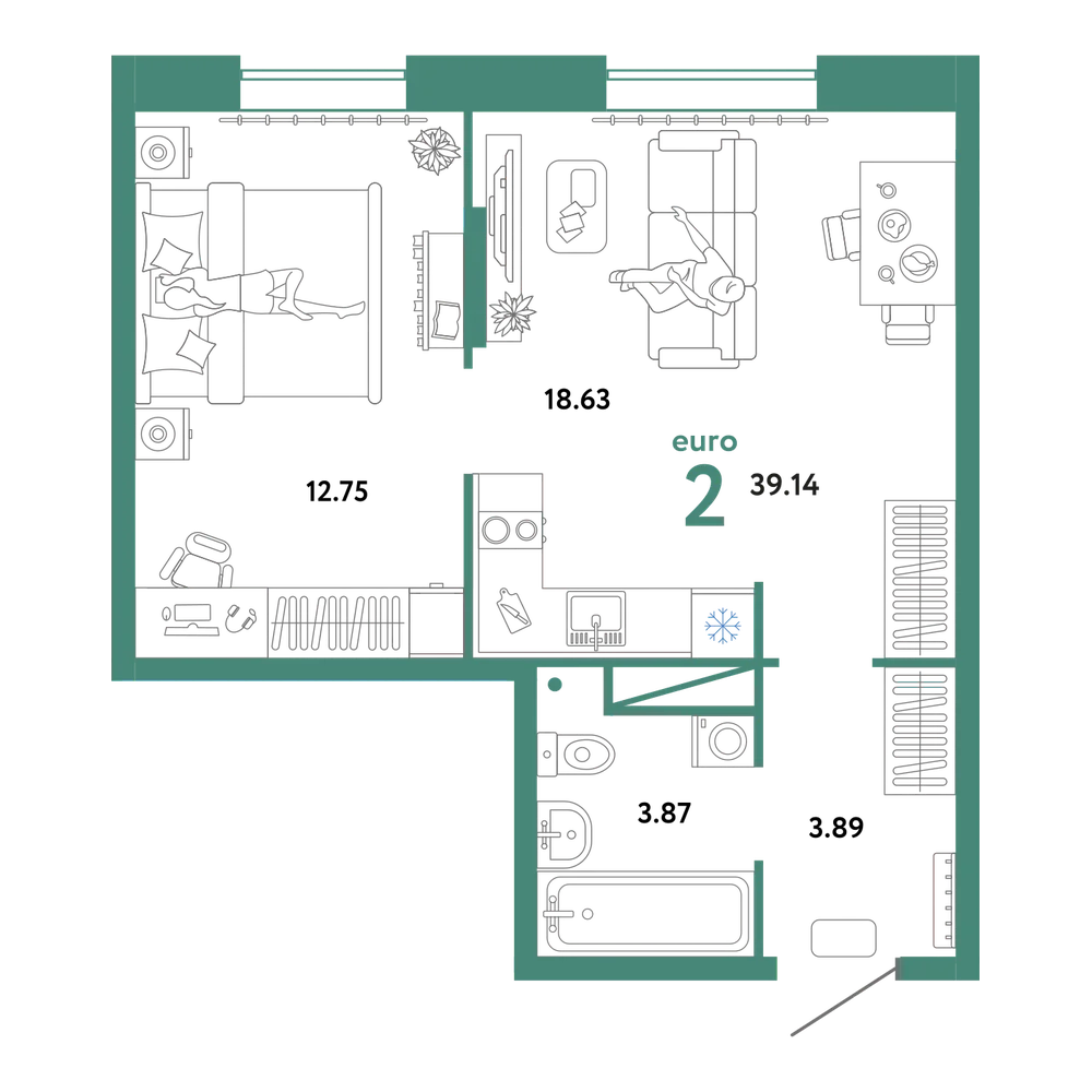 Планировка: Евродвушка 39,14 м²