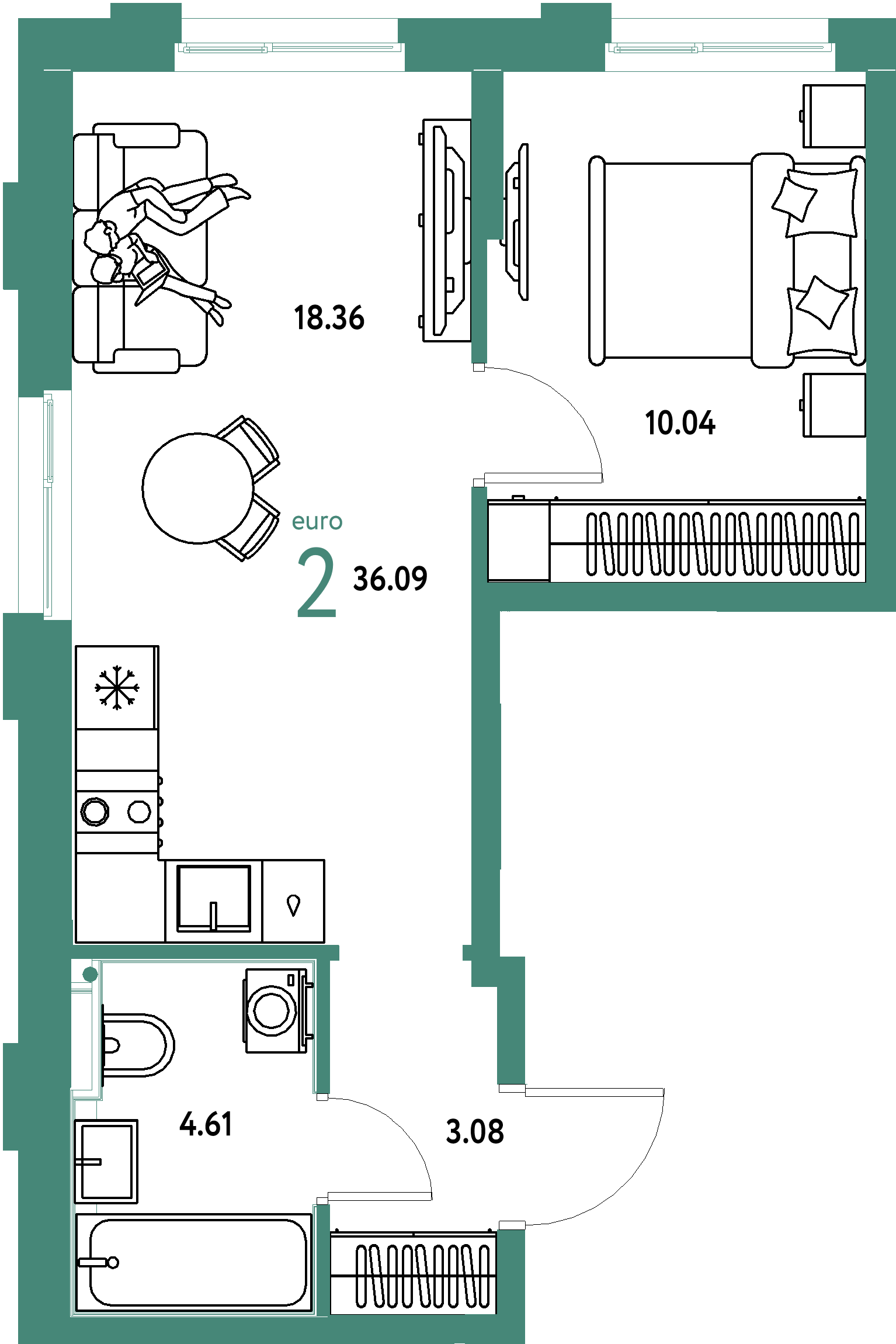 Планировка: Евродвушка 36,09 м² в ЖК «Домашний»