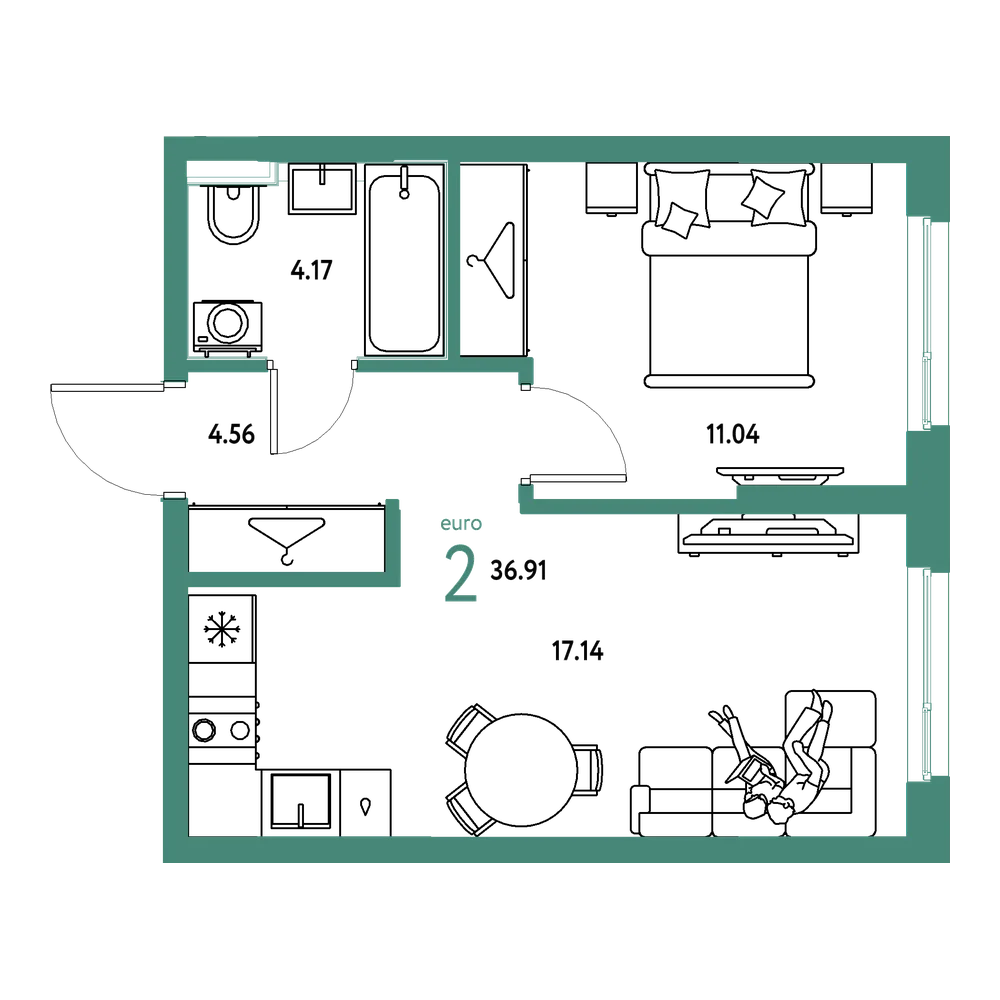 Планировка: Евродвушка 36,91 м²