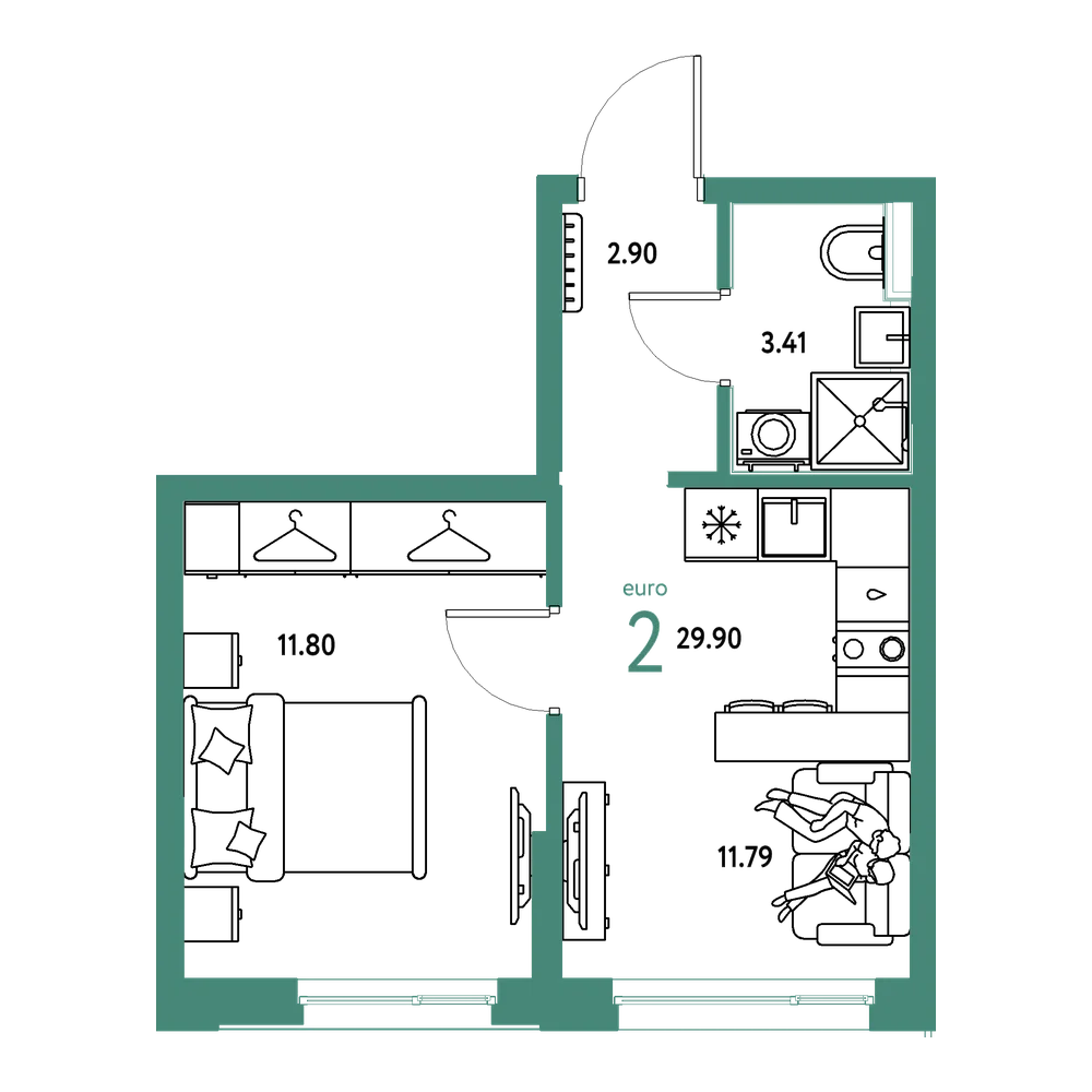 Планировка: Евродвушка 29,9 м²