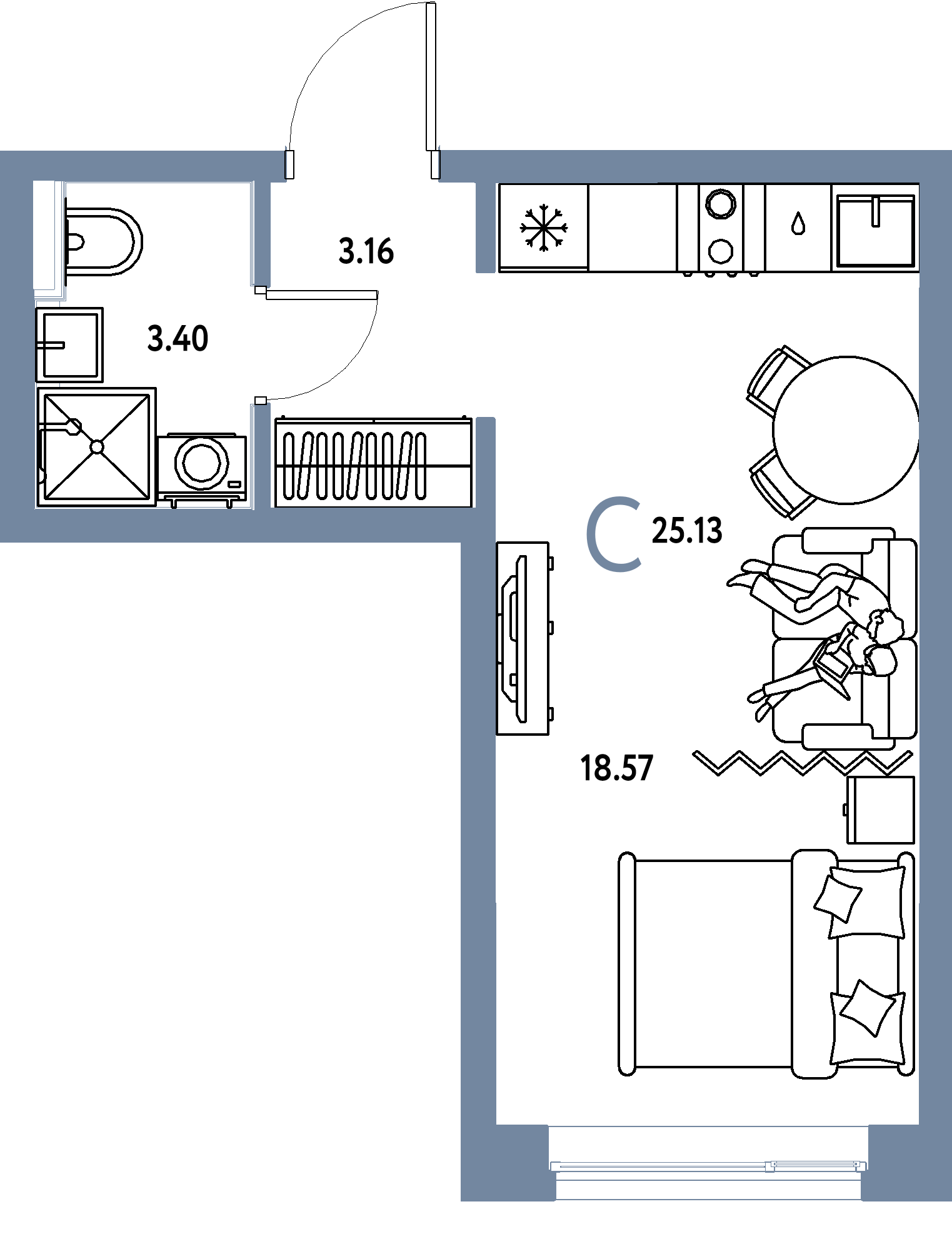 Планировка: Студия 25,13 м² в ЖК «Остров-сад»