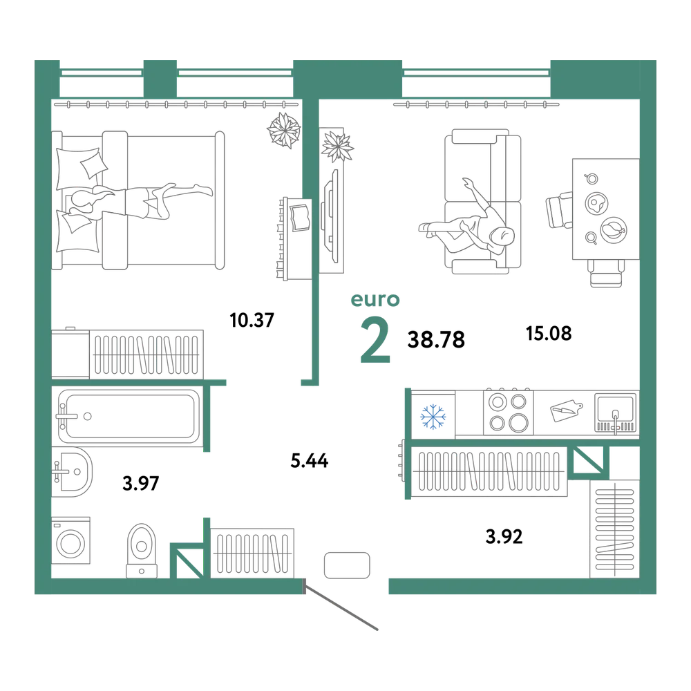 Планировка: Евродвушка 38,78 м²