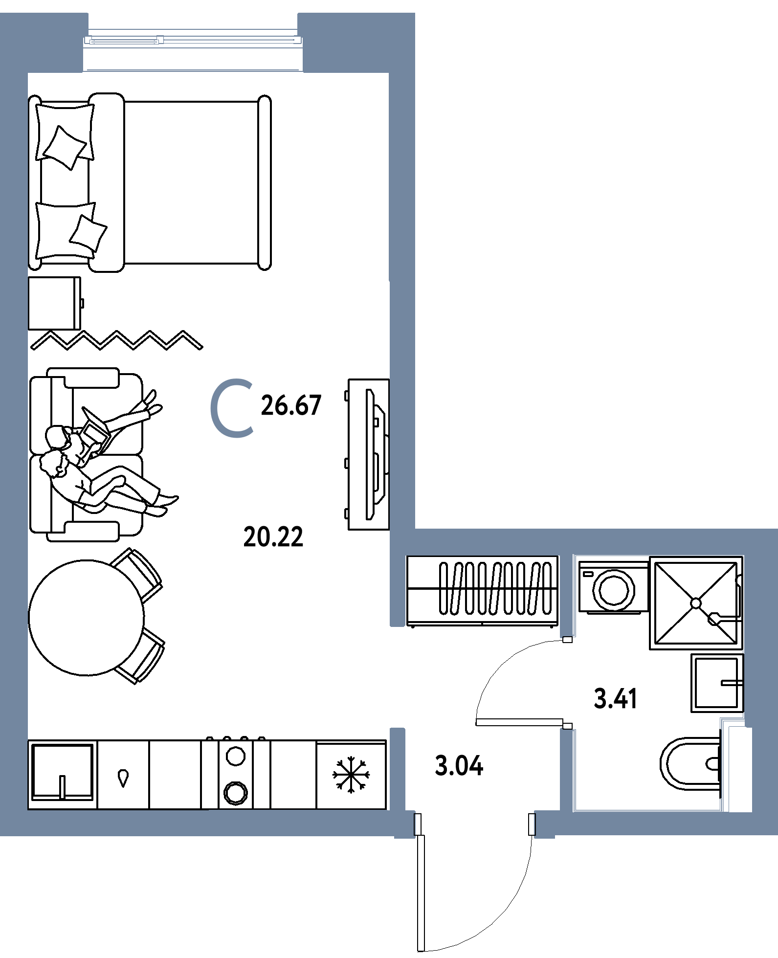 Планировка: Студия 26,67 м² в ЖК «Остров-сад»