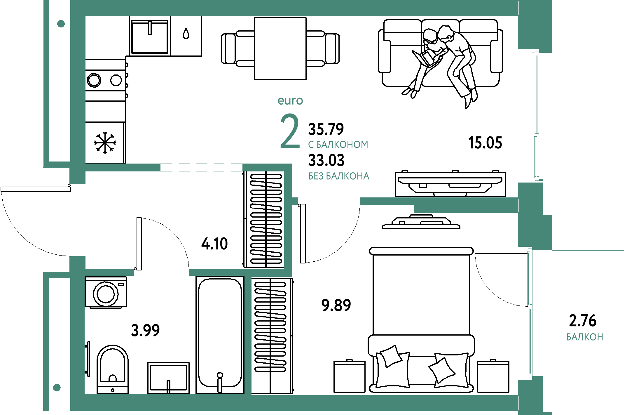 Планировка: Евродвушка 35,79 м² в ЖК «Домашний»