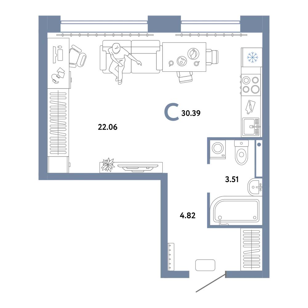 Планировка: Студия 30,39 м²