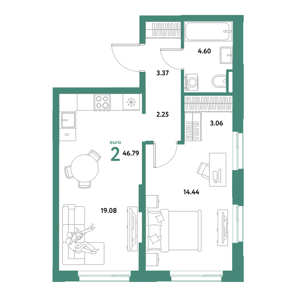 Планировка: Евродвушка 46,79 м²