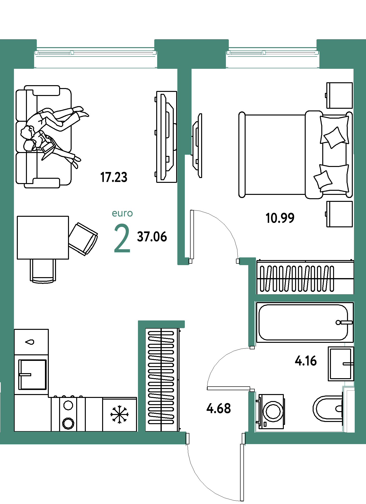 Планировка: Евродвушка 37,06 м² в ЖК «Остров-сад»