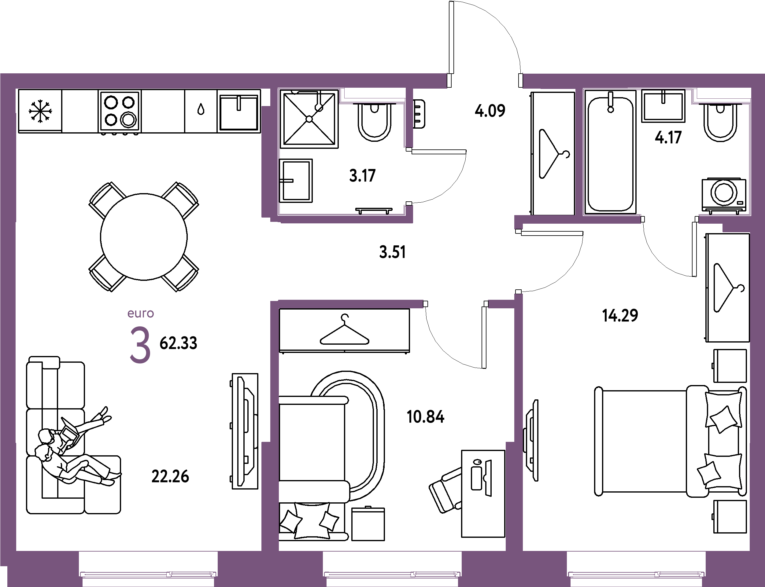Планировка: Евротрёшка 62,33 м² в ЖК «Европейский берег 2.0»