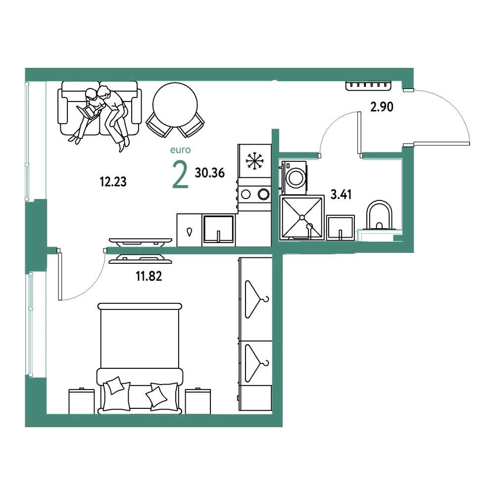 Планировка: Евродвушка 30,36 м²