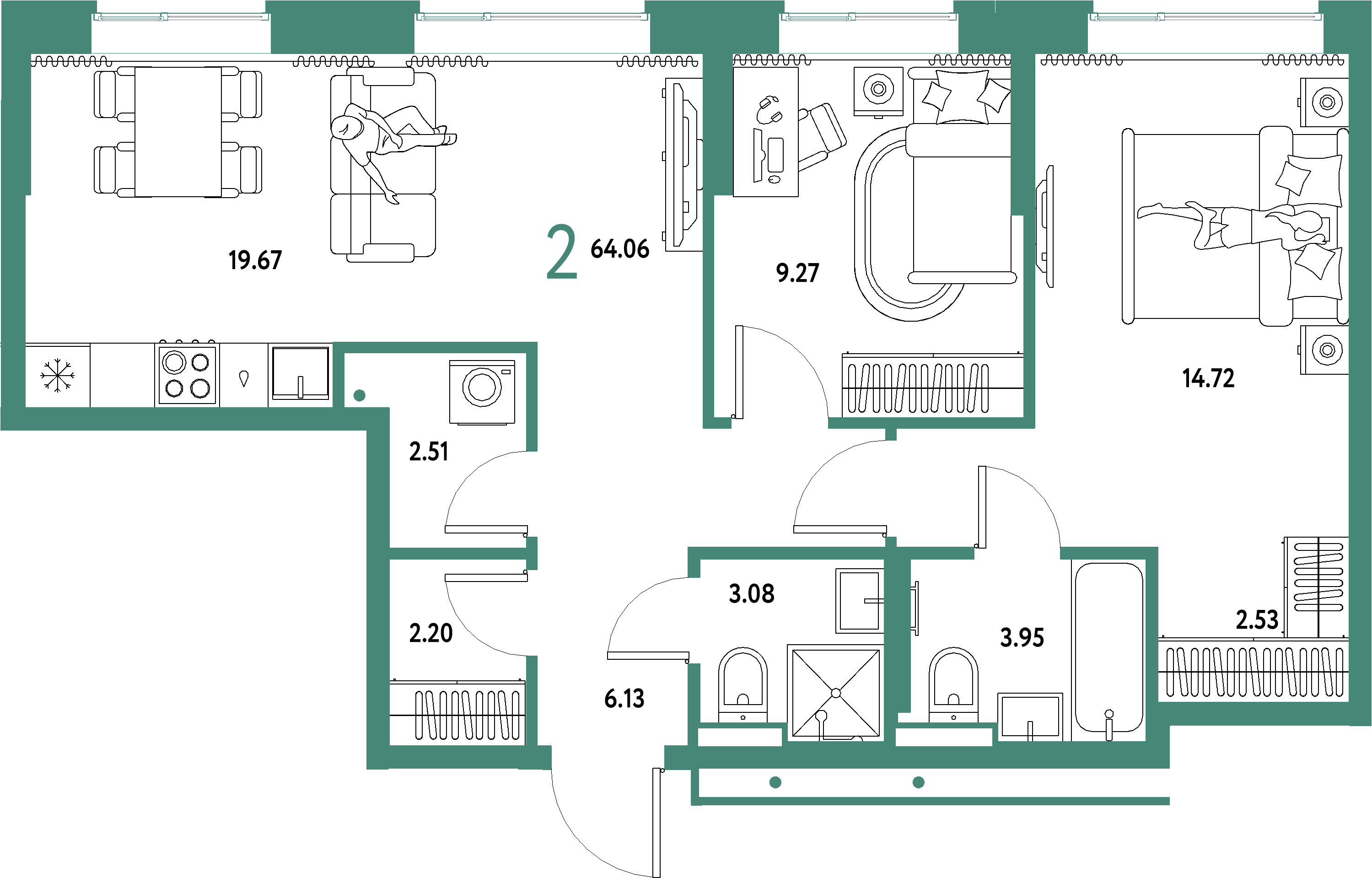 Планировка: Евротрёшка 64,06 м² в ЖК «Домашний»