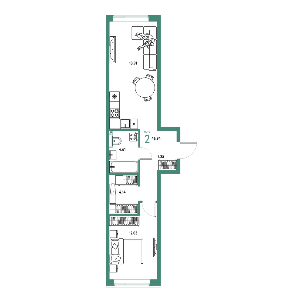 Планировка: Евродвушка 46,94 м²