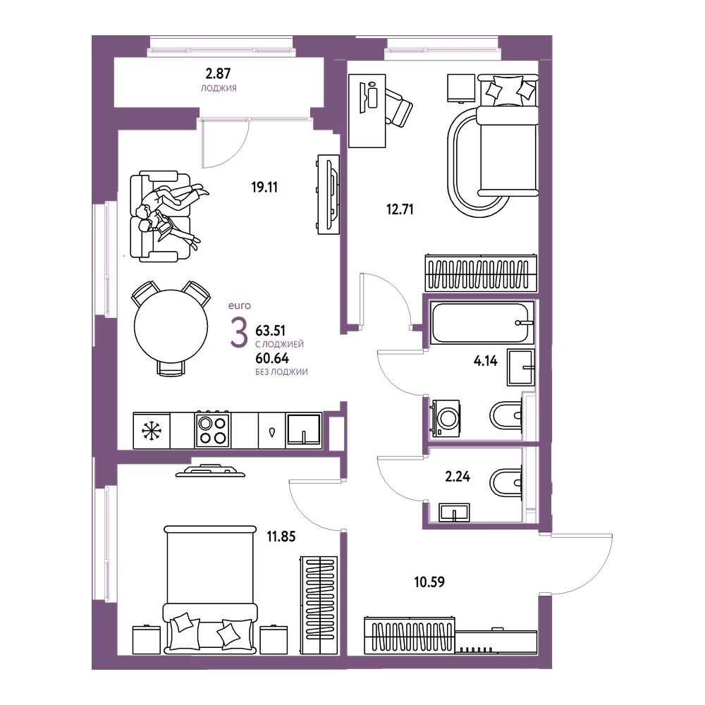 Планировка: Евротрёшка 64,22 м²
