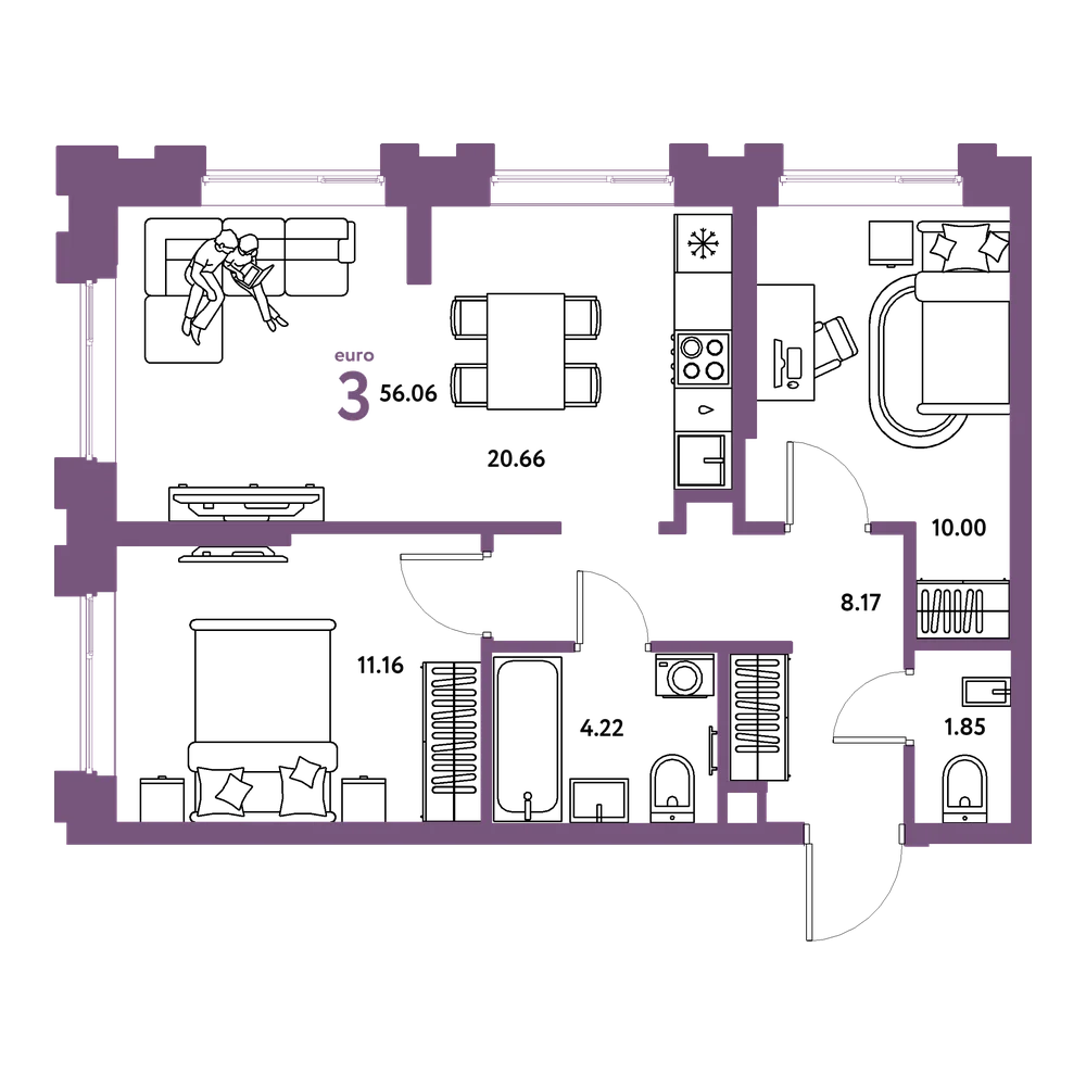 Планировка: Евротрёшка 56,06 м²