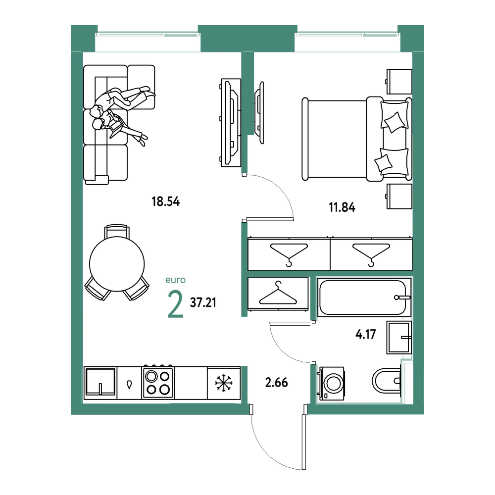 Планировка: Евродвушка 37,21 м²
