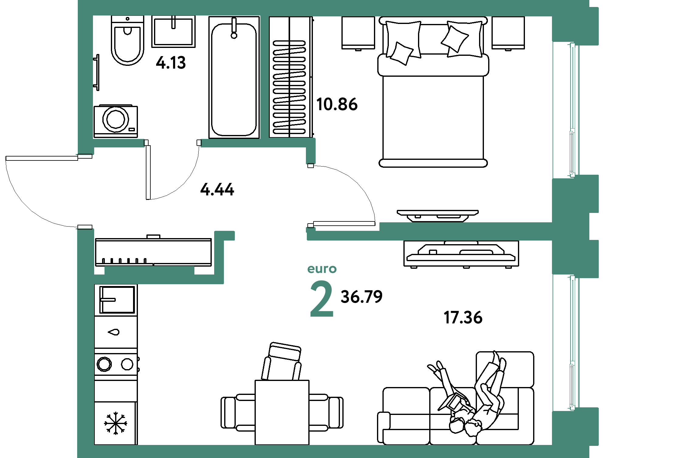 Планировка: Евродвушка 36,79 м² в ЖК «Европейский берег 2.0»